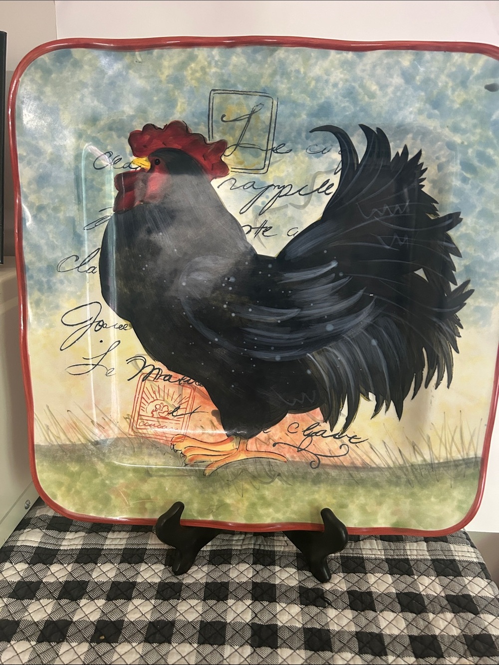 Certified International Black Rooster Square Serveware Platter with Red Trim